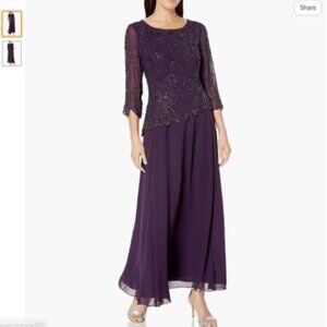 NWT J Kara Women's Petite Long Scoop Neck Asymetrical Beaded Dress, Plum